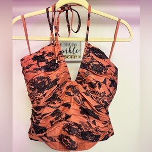 Anthropologie Ruched Halter Blouse - Boho Tiger Print